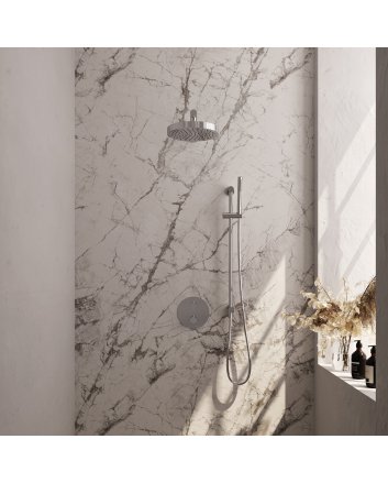 BRAUER Stripe thermostatische inbouw regendouche 3-weg rond SET 43 met 25 cm douchekop en rechte muurarm en staaf handdouche en doucheslang en geïntegreerde glijstang chroom