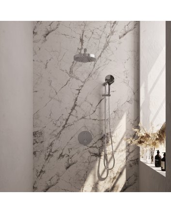 BRAUER Stripe thermostatische inbouw regendouche 3-weg rond SET 46 met 25 cm douchekop en rechte muurarm en 3-standen handdouche en doucheslang en geïntegreerde glijstang chroom