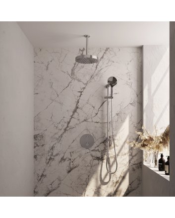 BRAUER Stripe thermostatische inbouw regendouche 3-weg rond SET 48 met 25 cm douchekop en plafondarm en 3-standen handdouche en doucheslang en geïntegreerde glijstang chroom
