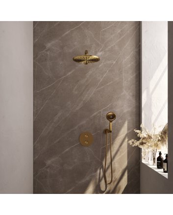 BRAUER Gold Edition thermostatische inbouw regendouche 3-weg rond SET 80 met 30 cm douchekop en rechte muurarm en 3-standen handdouche en doucheslang en wandaansluitbocht goud geborsteld PVD