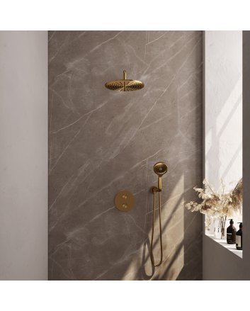 BRAUER Gold Edition thermostatische inbouw regendouche 3-weg rond SET 82 met 30 cm douchekop en gebogen muurarm en 3-standen handdouche en doucheslang en wandaansluitbocht goud geborsteld PVD