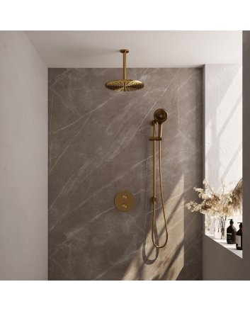 BRAUER Gold Edition thermostatische inbouw regendouche 3-weg rond SET 96 met 30 cm douchekop en plafondarm en 3-standen handdouche en doucheslang en geïntegreerde glijstang goud geborsteld PVD