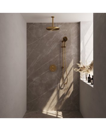 BRAUER Gold Edition thermostatische inbouw regendouche 3-weg rond SET 96 met 30 cm douchekop en plafondarm en 3-standen handdouche en doucheslang en geïntegreerde glijstang goud geborsteld PVD
