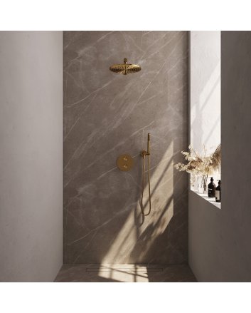 BRAUER Gold Carving thermostatische inbouw regendouche 3-weg rond SET 74 met 30 cm douchekop en rechte muurarm en staaf handdouche en doucheslang en wandaansluitbocht goud geborsteld PVD