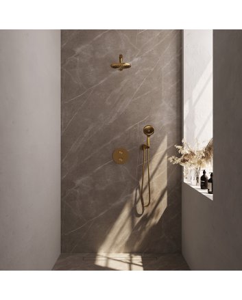 BRAUER Gold Carving thermostatische inbouw regendouche 3-weg rond SET 79 met 20 cm douchekop en rechte muurarm en 3-standen handdouche en doucheslang en wandaansluitbocht goud geborsteld PVD