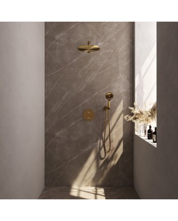 BRAUER Gold Carving thermostatische inbouw regendouche 3-weg rond SET 80 met 30 cm douchekop en rechte muurarm en 3-standen handdouche en doucheslang en wandaansluitbocht goud geborsteld PVD