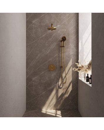 BRAUER Gold Carving thermostatische inbouw regendouche 3-weg rond SET 91 met 20 cm douchekop en rechte muurarm en 3-standen handdouche en doucheslang en geïntegreerde glijstang goud geborsteld PVD