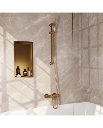 BRAUER Stripe opbouw baddouche thermostaatkraan SET 01 met glijstang en staaf handdouche en doucheslang goud geborsteld PVD