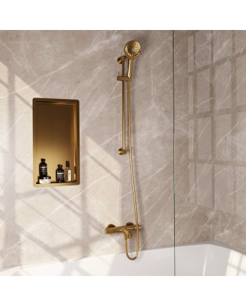 BRAUER Stripe opbouw baddouche thermostaatkraan SET 02 met glijstang en 3-standen handdouche en doucheslang goud geborsteld PVD