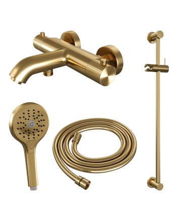 BRAUER Stripe opbouw baddouche thermostaatkraan SET 02 met glijstang en 3-standen handdouche en doucheslang goud geborsteld PVD