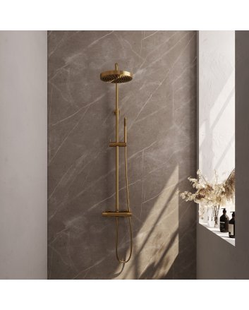 BRAUER Stripe opbouw thermostatische regendouche SET 01 met 25 cm hoofddouche en staaf handdouche en doucheslang goud geborsteld PVD