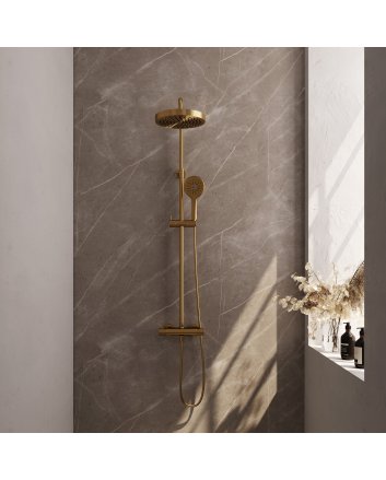 BRAUER Stripe opbouw thermostatische regendouche SET 02 met 25 cm hoofddouche en 3-standen handdouche en doucheslang goud geborsteld PVD