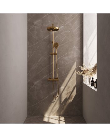 BRAUER Stripe opbouw thermostatische regendouche SET 02 met 25 cm hoofddouche en 3-standen handdouche en doucheslang goud geborsteld PVD