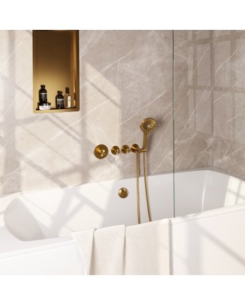 BRAUER Stripe thermostatische inbouw badkraan SET 02 met badvulcombinatie en 3-standen handdouche en doucheslang en wandaansluitbocht goud geborsteld PVD