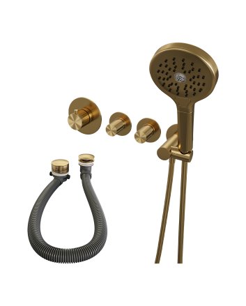 BRAUER Stripe thermostatische inbouw badkraan SET 02 met badvulcombinatie en 3-standen handdouche en doucheslang en wandaansluitbocht goud geborsteld PVD