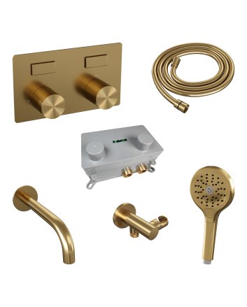 BRAUER Stripe thermostatische inbouw badkraan met drukknoppen SET 04 met uitloop en 3-standen handdouche en doucheslang en wandaansluitbocht goud geborsteld PVD