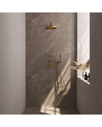 BRAUER Stripe thermostatische inbouw regendouche SET 01 met 25 cm douchekop en rechte muurarm en staaf handdouche en doucheslang en wandaansluitbocht goud geborsteld PVD