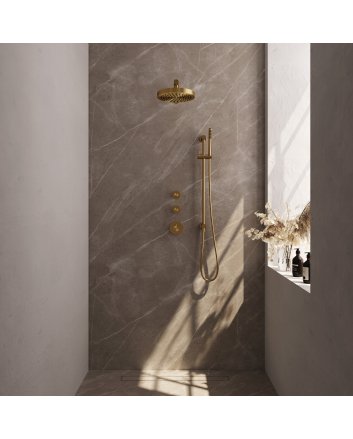 BRAUER Stripe thermostatische inbouw regendouche SET 07 met 25 cm douchekop en rechte muurarm en staaf handdouche en doucheslang en geïntegreerde glijstang goud geborsteld PVD