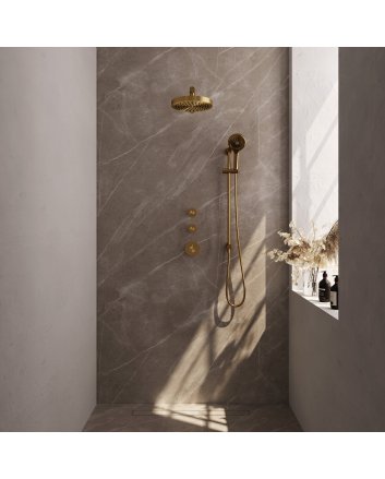 BRAUER Stripe thermostatische inbouw regendouche SET 10 met 25 cm douchekop en rechte muurarm en 3-standen handdouche en doucheslang en geïntegreerde glijstang goud geborsteld PVD