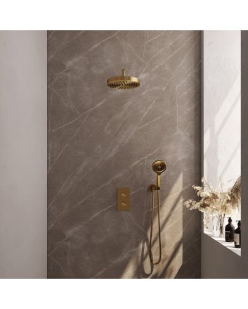 BRAUER Stripe thermostatische inbouw regendouche 3-weg rechthoekig SET 17 met 25 cm douchekop en gebogen muurarm en 3-standen handdouche en doucheslang en wandaansluitbocht goud geborsteld PVD