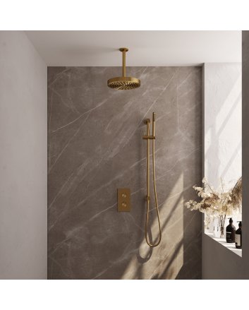 BRAUER Stripe thermostatische inbouw regendouche 3-weg rechthoekig SET 21 met 25 cm douchekop en plafondarm en staaf handdouche en doucheslang en geïntegreerde glijstang goud geborsteld PVD