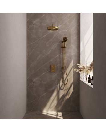 BRAUER Stripe thermostatische inbouw regendouche 3-weg rechthoekig SET 23 met 25 cm douchekop en gebogen muurarm en 3-standen handdouche en doucheslang en geïntegreerde glijstang goud geborsteld PVD