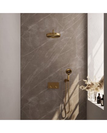 BRAUER Stripe thermostatische inbouw regendouche met drukknoppen SET 29 met 25 cm douchekop en gebogen muurarm en 3-standen handdouche en doucheslang en wandaansluitbocht goud geborsteld PVD