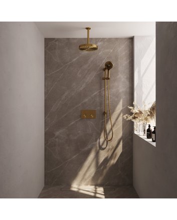 BRAUER Stripe thermostatische inbouw regendouche met drukknoppen SET 36 met 25 cm douchekop en plafondarm en 3-standen handdouche en doucheslang en geïntegreerde glijstang goud geborsteld PVD