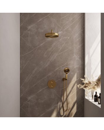 BRAUER Stripe thermostatische inbouw regendouche 3-weg rond SET 41 met 25 cm douchekop en gebogen muurarm en 3-standen handdouche en doucheslang en wandaansluitbocht goud geborsteld PVD