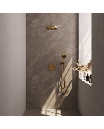 BRAUER Stripe thermostatische inbouw regendouche 3-weg rond SET 41 met 25 cm douchekop en gebogen muurarm en 3-standen handdouche en doucheslang en wandaansluitbocht goud geborsteld PVD
