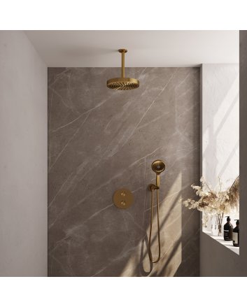 BRAUER Stripe thermostatische inbouw regendouche 3-weg rond SET 42 met 25 cm douchekop en plafondarm en 3-standen handdouche en doucheslang en wandaansluitbocht goud geborsteld PVD