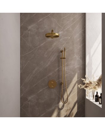 BRAUER Stripe thermostatische inbouw regendouche 3-weg rond SET 43 met 25 cm douchekop en rechte muurarm en staaf handdouche en doucheslang en geïntegreerde glijstang goud geborsteld PVD