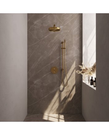 BRAUER Stripe thermostatische inbouw regendouche 3-weg rond SET 43 met 25 cm douchekop en rechte muurarm en staaf handdouche en doucheslang en geïntegreerde glijstang goud geborsteld PVD