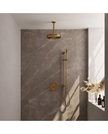 BRAUER Stripe thermostatische inbouw regendouche 3-weg rond SET 45 met 25 cm douchekop en plafondarm en staaf handdouche en doucheslang en geïntegreerde glijstang goud geborsteld PVD