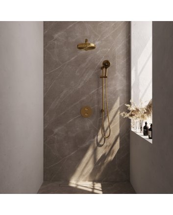 BRAUER Stripe thermostatische inbouw regendouche 3-weg rond SET 46 met 25 cm douchekop en rechte muurarm en 3-standen handdouche en doucheslang en geïntegreerde glijstang goud geborsteld PVD