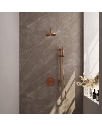BRAUER Copper Edition thermostatische inbouw regendouche 3-weg rond SET 87 met 20 cm douchekop en gebogen muurarm en staaf handdouche en doucheslang en geïntegreerde glijstang koper geborsteld PVD
