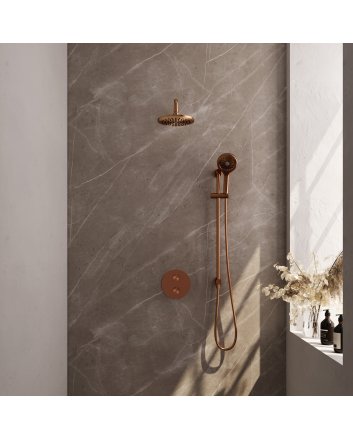 BRAUER Copper Edition thermostatische inbouw regendouche 3-weg rond SET 93 met 20 cm douchekop en gebogen muurarm en 3-standen handdouche en doucheslang en geïntegreerde glijstang koper geborsteld PVD