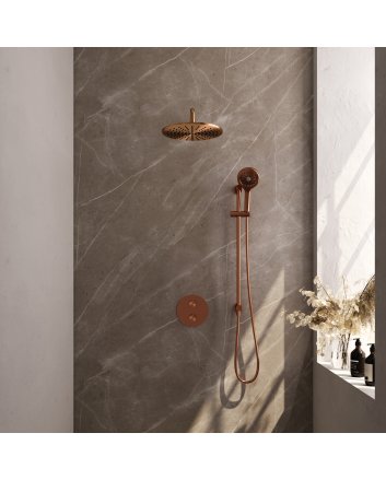 BRAUER Copper Edition thermostatische inbouw regendouche 3-weg rond SET 94 met 30 cm douchekop en gebogen muurarm en 3-standen handdouche en doucheslang en geïntegreerde glijstang koper geborsteld PVD