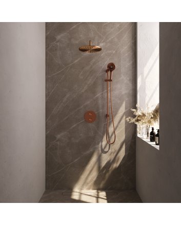 BRAUER Copper Edition thermostatische inbouw regendouche 3-weg rond SET 94 met 30 cm douchekop en gebogen muurarm en 3-standen handdouche en doucheslang en geïntegreerde glijstang koper geborsteld PVD