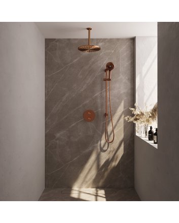 BRAUER Copper Edition thermostatische inbouw regendouche 3-weg rond SET 96 met 30 cm douchekop en plafondarm en 3-standen handdouche en doucheslang en geïntegreerde glijstang koper geborsteld PVD