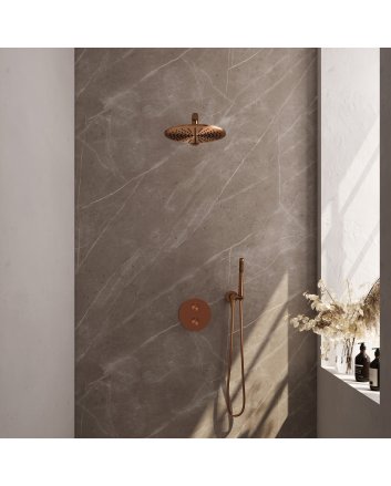 BRAUER Copper Carving thermostatische inbouw regendouche 3-weg rond SET 74 met 30 cm douchekop en rechte muurarm en staaf handdouche en doucheslang en wandaansluitbocht koper geborsteld PVD