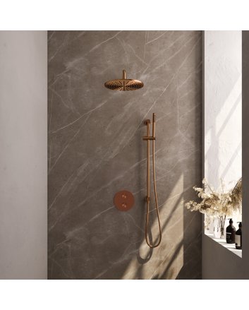 BRAUER Copper Carving thermostatische inbouw regendouche 3-weg rond SET 88 met 30 cm douchekop en gebogen muurarm en staaf handdouche en doucheslang en geïntegreerde glijstang koper geborsteld PVD