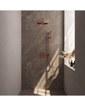 BRAUER Copper Carving thermostatische inbouw regendouche 3-weg rond SET 88 met 30 cm douchekop en gebogen muurarm en staaf handdouche en doucheslang en geïntegreerde glijstang koper geborsteld PVD