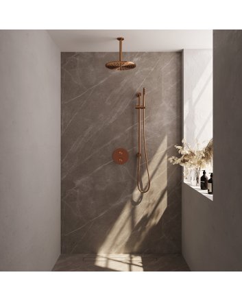 BRAUER Copper Carving thermostatische inbouw regendouche 3-weg rond SET 90 met 30 cm douchekop en plafondarm en staaf handdouche en doucheslang en geïntegreerde glijstang koper geborsteld PVD