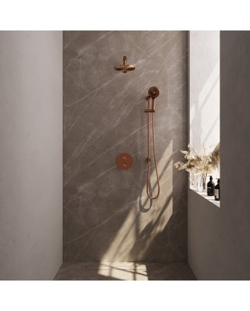 BRAUER Copper Carving thermostatische inbouw regendouche 3-weg rond SET 91 met 20 cm douchekop en rechte muurarm en 3-standen handdouche en doucheslang en geïntegreerde glijstang koper geborsteld PVD