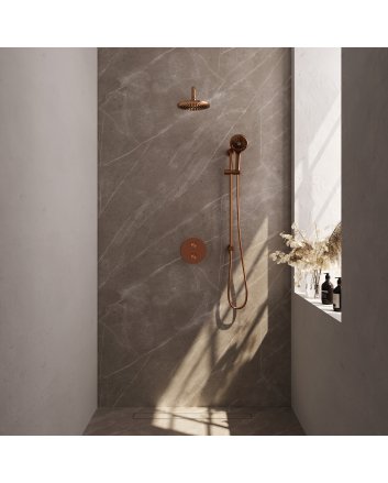 BRAUER Copper Carving thermostatische inbouw regendouche 3-weg rond SET 93 met 20 cm douchekop en gebogen muurarm en 3-standen handdouche en doucheslang en geïntegreerde glijstang koper geborsteld PVD