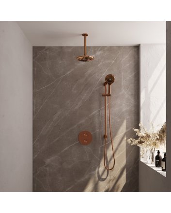 BRAUER Copper Carving thermostatische inbouw regendouche 3-weg rond SET 95 met 20 cm douchekop en plafondarm en 3-standen handdouche en doucheslang en geïntegreerde glijstang koper geborsteld PVD