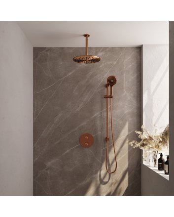 BRAUER Copper Carving thermostatische inbouw regendouche 3-weg rond SET 96 met 30 cm douchekop en plafondarm en 3-standen handdouche en doucheslang en geïntegreerde glijstang koper geborsteld PVD