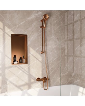 BRAUER Stripe opbouw baddouche thermostaatkraan SET 02 met glijstang en 3-standen handdouche en doucheslang koper geborsteld PVD