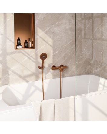 BRAUER Stripe opbouw baddouche thermostaatkraan SET 04 met wandhouder en 3-standen handdouche en doucheslang koper geborsteld PVD
